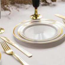 25pcs/Set White Round Plates With Gold Rim (7.5 Inches/10.25 Inches), Reusable And Washable Plates For Wedding, Party, Banquet, Valentine's Day, Thanksgiving, Christmas And Other Occasions, Banquet Tableware, Party Plates, Holiday Design, Stylish Service, Reusable Dinnerware, Easy To Clean, Serving Platters, Catering