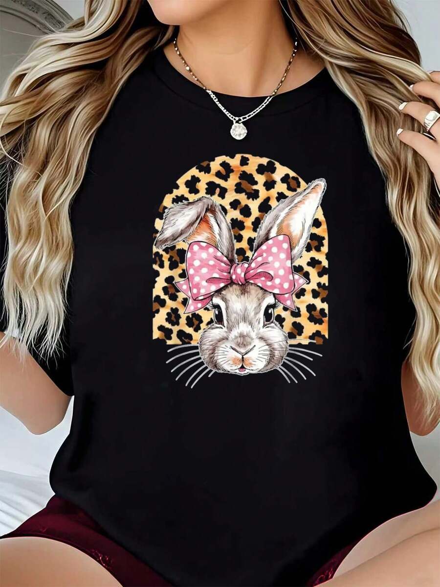 Easter Day Art-Shirt Happy Easter Day Face Bunny With Leopard Print And Bow-Shirt] Graphic Tees Men Crop Tops Couple Tee Art Outfits Men-Shirt - 黑色 1pcs WOMEN1 - 查看 1