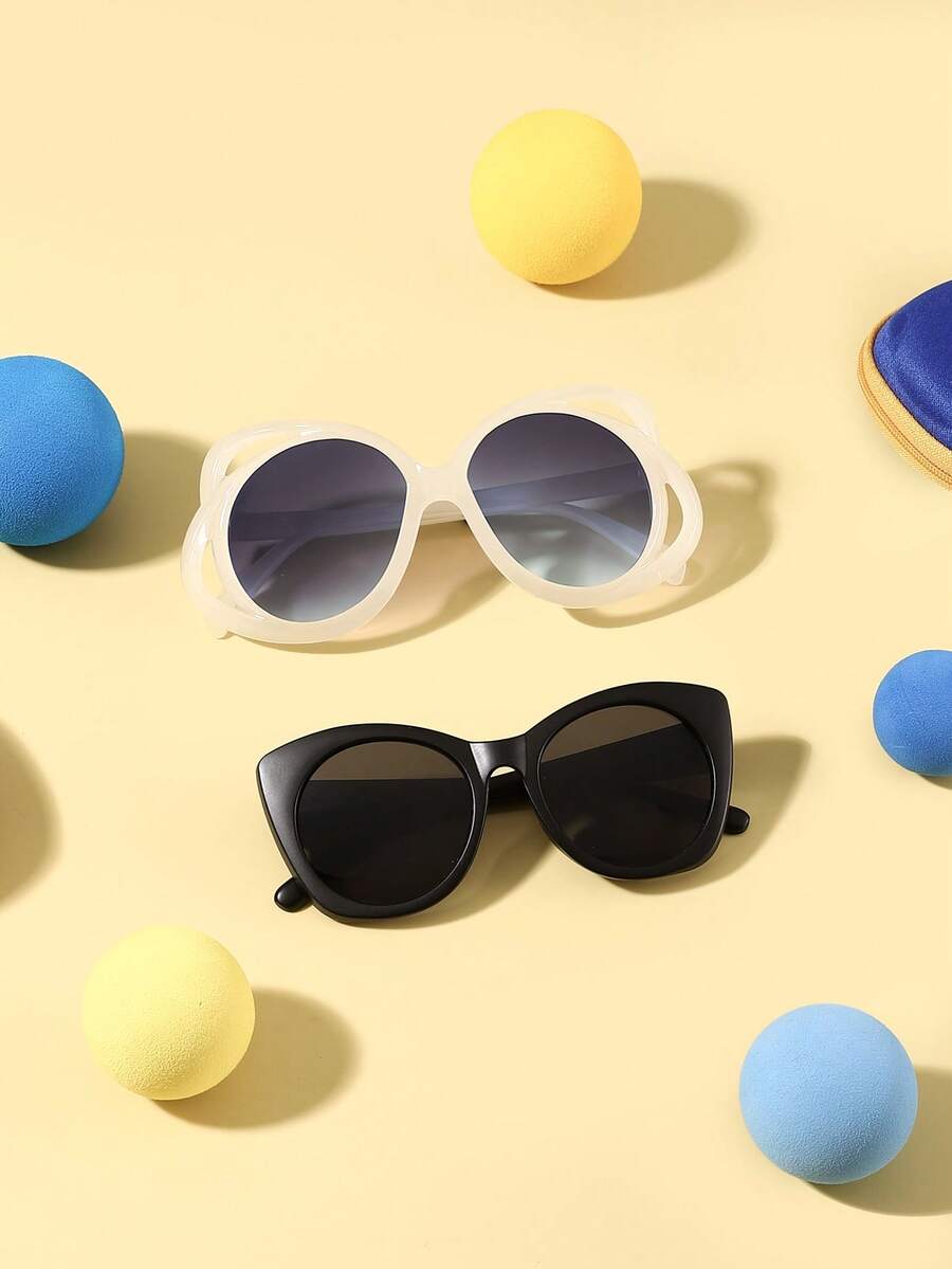 一套两副，男女童6-12岁聚碳酸酯猫眼蝴蝶结形镜框眼镜，可爱百搭时尚眼镜，户外旅行度假必备，附眼镜盒 - 彩色 - 查看 1