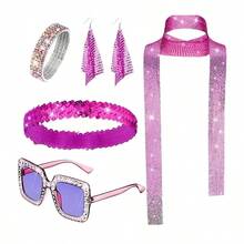 1970年代迪斯科配饰 - 女士迪斯科服装首饰套装、发带、亮片围巾、太阳镜、手镯和耳环（黑色、银色、玫瑰红）