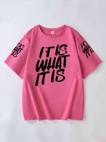 大尺碼女款印有「IT IS WHAT IT IS」字樣T恤，適合春夏穿著，適合日常穿著 - 玫紅色 - 查看 2