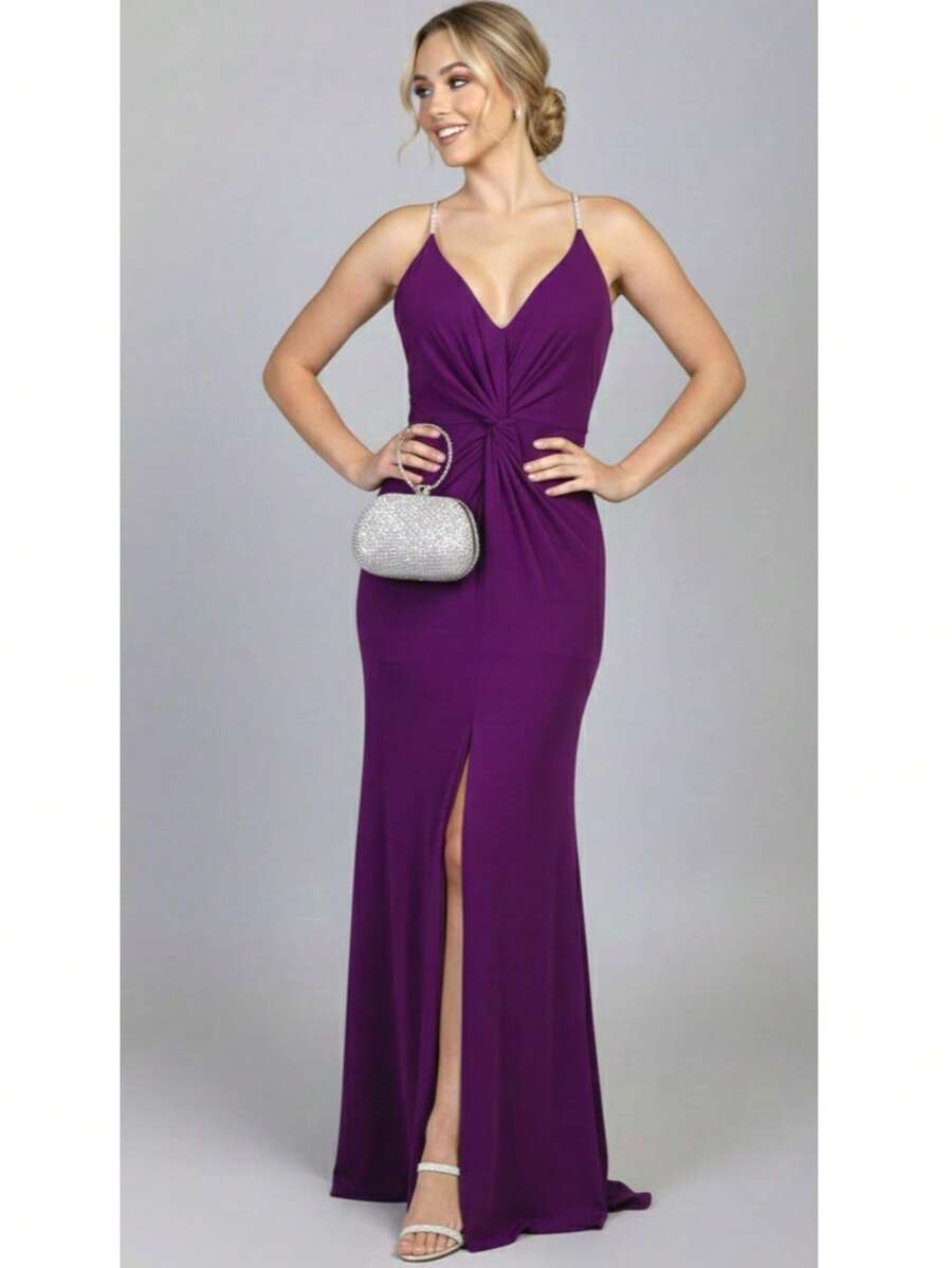 Inexpensive Bridesmaid Dress For Parties, Guests, Receptions, Graduations, Without Glitter, With Thin Rhinestone Straps. - Purple - View 1