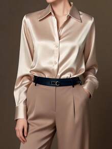 女士优雅香槟色缎面衬衫，经典领型，高品质长袖，通勤百搭，四季皆宜，柔软顺滑的缎面面料，适合商务或正式场合。 - 香檳色 - 查看 2