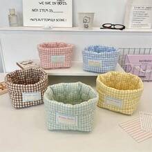 1 Piece Classic Checkered Love Pattern Storage Basket, Foldable Open Barrel Quilted Storage Basket, Multi-Scene Desktop Storage Basket, Suitable For Offices, Dormitories, Bathrooms, Schools, Portable Decorative Storage Containers, Suitable For Christmas Gifts - Pink - View 6