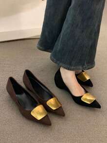复古棕色尖头平底鞋，新款法式撞色低帮厚底鞋，四季皆宜 - 咖啡棕 - 查看 4