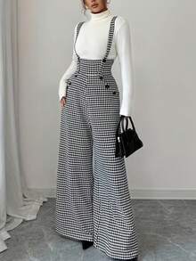 Bộ jumpsuit dài dáng suông cổ điển họa tiết răng cưa dành cho nữ, có túi, chất liệu vải dệt không co giãn, màu đen trắng (Không bao gồm áo). - màu đen - Xem 2