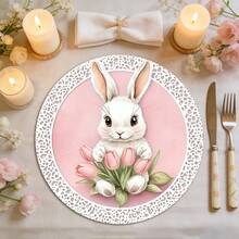 1 Set Of Complete Easter Bunny, Easter Eggs, Tulips, Basket And Lace Round Placemats, Suitable For Spring, Summer, Autumn And Winter, Multi-Color Pattern Design, Made Of 100% Polyester, Size: 15*15 Inches, Machine Washable, Polyester Material, Heat-Resistant And Stain-Resistant - Multicolor - View 2