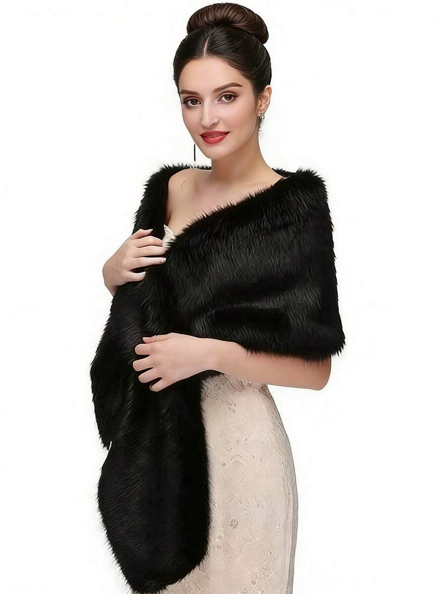 1pc Black & White Women's Fur Shawl, Suitable For Coats, Furs, Long Formal Dresses, Gowns, Daily Outerwear, Skirts - One Size - View 1