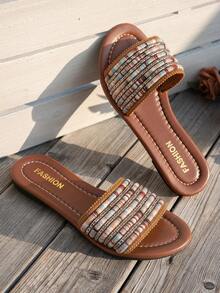Dép xăng đan đế bằng phong cách Bohemian mùa xuân/hè dành cho nữ, kiểu dáng đi biển, chất liệu vải, điểm nhấn kim loại, nhẹ, thời trang, thoải mái, màu trơn, sang trọng, phù hợp cho du lịch, ở nhà và nghỉ mát. - màu nâu - Xem 1