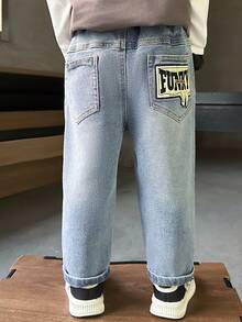 Young Boy Autumn Casual Jeans With Letter Embroidery Back Pocket - Baby Blue - View 9