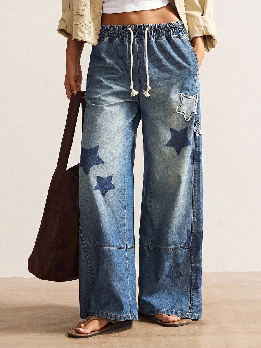 Ladies' Y2K Star Patch Patchwork Loose Jeans, With An Elastic Waist And Wide Legs Design - Casual Drawstring Loose Street Style Long Pants - Blue - View 1