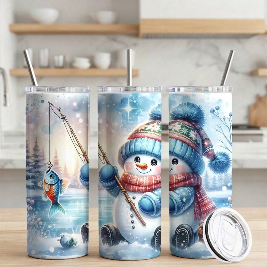 1 Pc 20oz Stainless Steel Tumbler, Featuring A Cute Cartoon Snowman Wearing A Hat & Scarf While Ice Fishing On A Frozen Lake, This Durable Drinkware Is Ideal For Cold Weather Admirers, Outdoor Activity Lovers, And Makes A Thoughtful Present For Birthdays, Winter Anniversaries, Or Special Holiday Gatherings - 20盎司直筒玻璃杯 - 查看 1