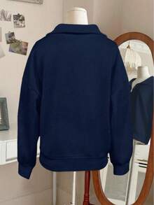 Women's Solid Color Drop Shoulder Long Sleeve Zip-Up Half Placket Casual Hoodie,Summer/Spring - 藍色 - 查看 2