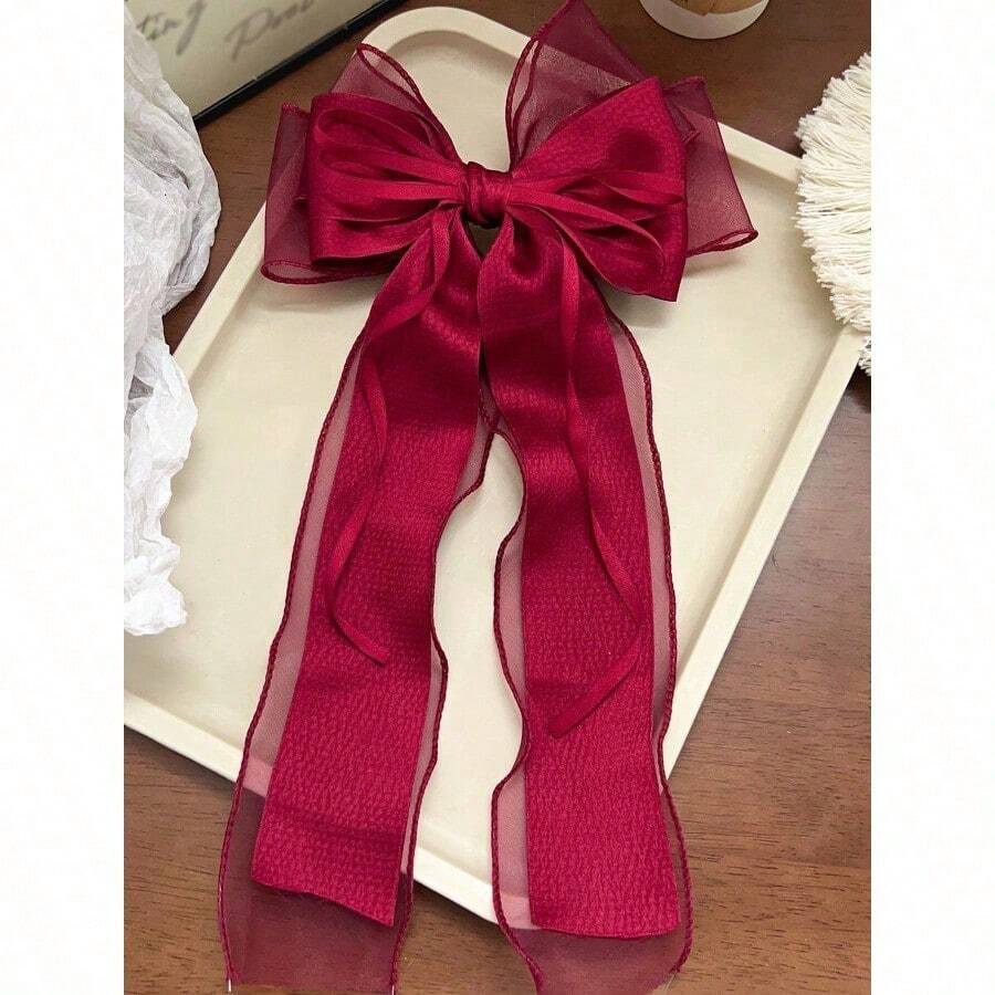 1pc Beige Mesh Hair Clip With Heart Print, Large Bowknot And Spring Clip, Elegant And Gentle Hair Accessory Hair Bow For Spring Valentine's Day, School Stuff, College, Bows, Cute, Hair Accerssories - Burgundy - View 1