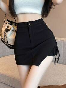 高腰A字迷你裙，时尚显瘦，适合夏季穿着 - 黑色 - 查看 1