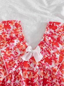 Robe mi-longue à col V, manches courtes bouffantes, ourlet à volants, avec imprimé floral et nœud papillon, style décontracté, pour le printemps/été - Rouge - Voir 3