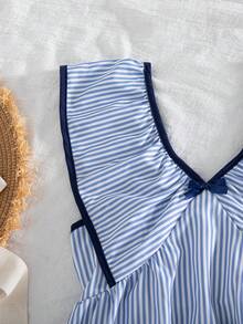 Girls' Casual Everyday Outing Fashion Striped Patchwork Bow Decor Ruffle Sleeve V-Neck Short Sleeve Knee-Length Casual Dress, Spring/Summer - Blue - View 4