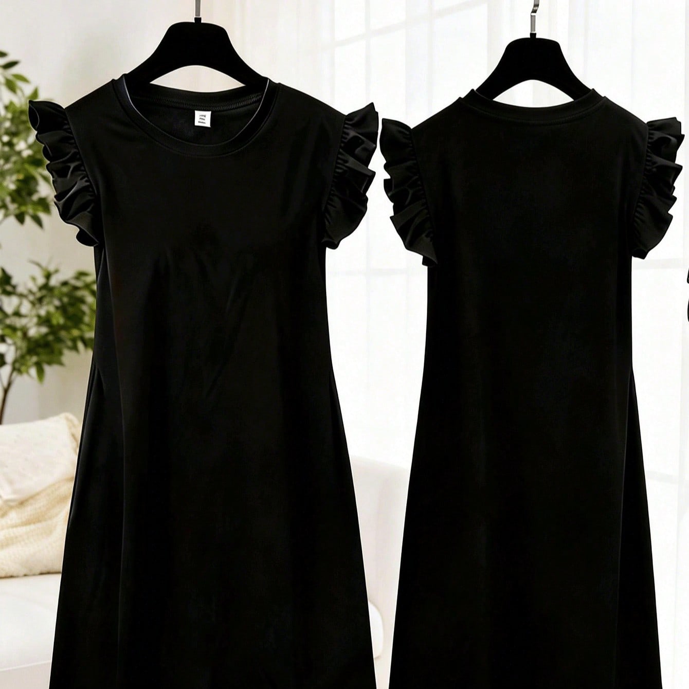Vestido midi con mangas con volantes de estilo minimalista casual negro, vestido infantil lindo y elegante, adecuado para primavera y verano