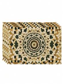 4Pcs Gold Watercolor Moon, Star, Lantern, Floral, Yellow Geometric Pattern Ramadan Farmhouse Heat-Resistant Placemats For Terrace Round Tables, Holiday Parties, Kitchens, Home Dining Tables, Tea Parties - Champagne - View 6