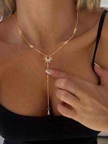 QTHOPE 1pc Rhinestone Sunflower Y-Shaped Long Tassel Necklace For Women - Gold - View 1