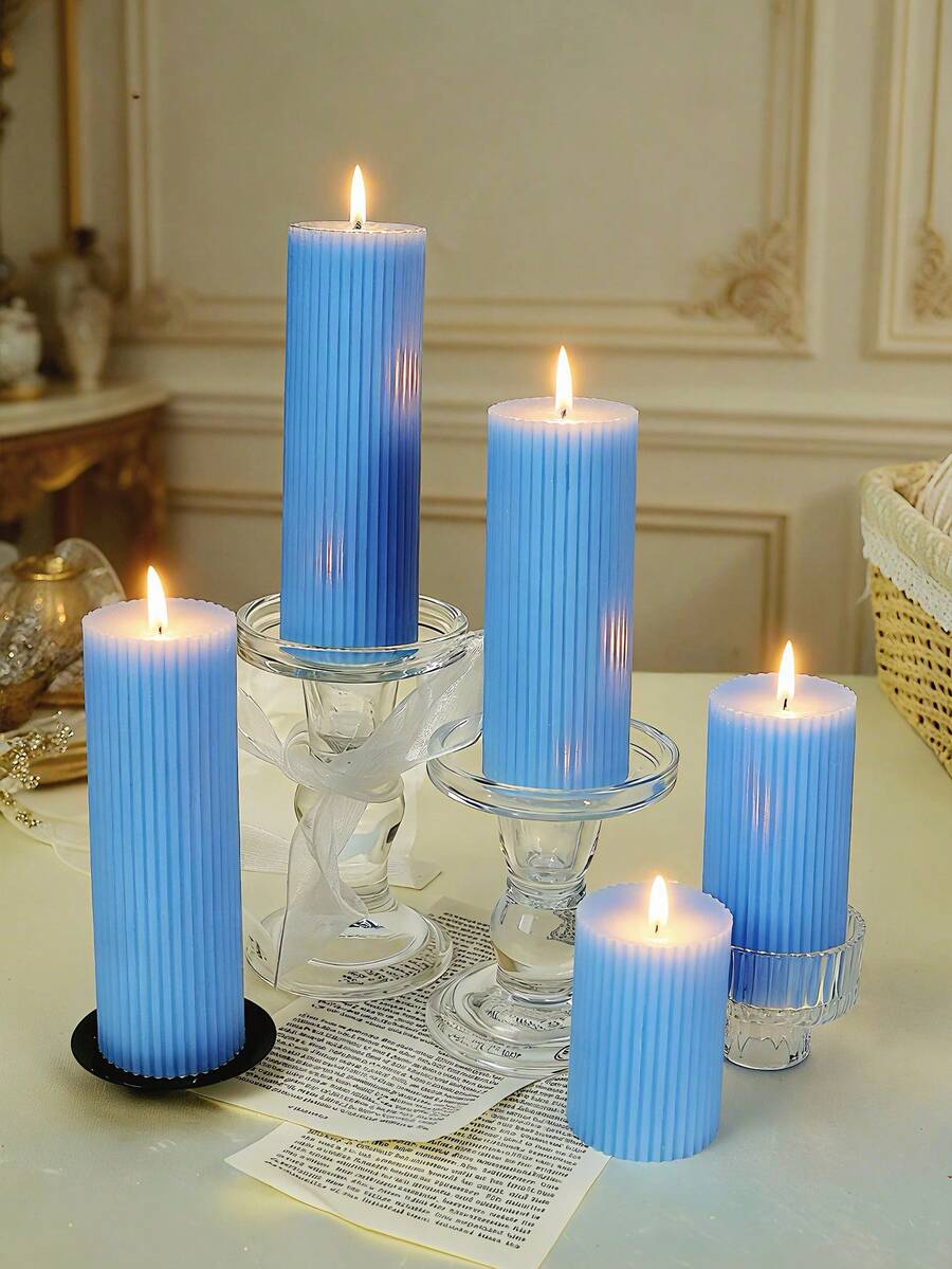Large Ribbed Cylindrical Aromatherapy Candle Set, Soy Wax Scented Cylindrical Candle, Beautiful Ribbed Modern Home Decoration, Suitable For Bathroom, Living Room (Light Blue) Valentine's Day Home Decoration Candles, Ramadan Cylindrical Candle Decoration Set, Party Candle Center Decoration, Suitable For Giving Gifts To Women, Close Friends, Winter Gifts - Multicolor - View 1