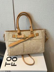 1pc Fashionable Casual Solid Color Multi-Pocket Shoulder Tote Bag, Large Capacity Women's Commuter Bag - Khaki - View 7