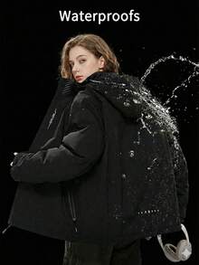 Women's Solid Black Waterproof Hooded Windbreaker Jacket, Zipper Outdoor Hiking Coat With Pockets And Letter Decor - Black - View 4