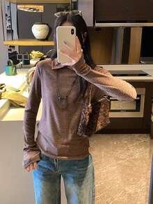 Striped Turtleneck Undershirt, High-Quality Long Sleeve T-Shirt, Korean Style Top (Stripe Pattern Random) - Brown and Apricot Stripes - View 4