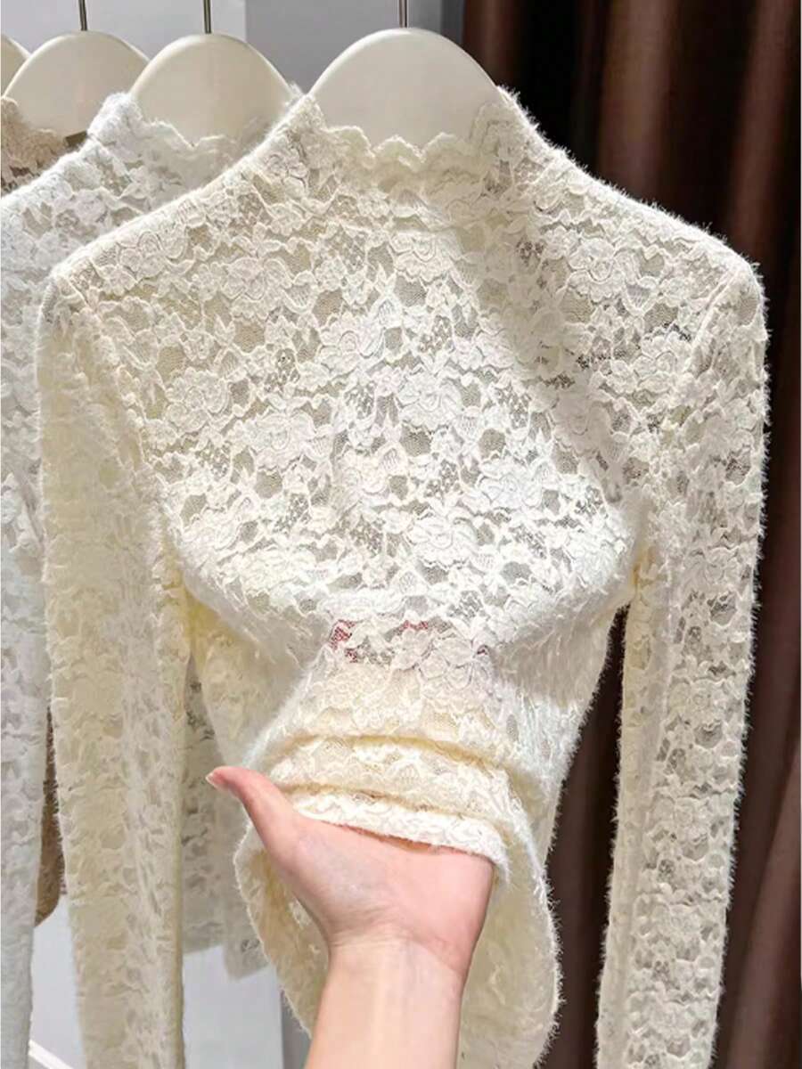 Apricot Turtleneck Lace Camisole, 2025 New Autumn/Winter Mesh Layering Sheer Top, Elegant - Apricot - View 1