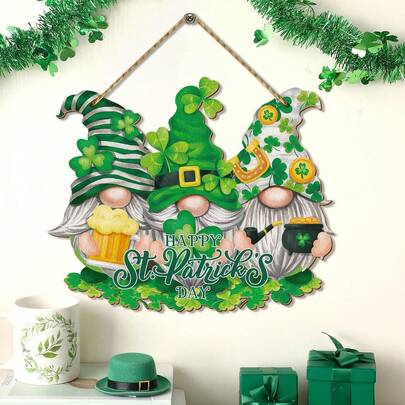 1pc St. Patrick's Day Door Wreaths For Front Door Gnome Wooden Hanging Sign Gnome Wreath Signs Luck Shamrock Green Welcome Hanger Decoration For St Patrick's Day Wall Rustic Farmhouse Porch