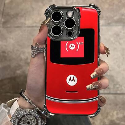 Stylish Retro Red Mobile Phone Pattern Case For  16 15 14 13 12 11 Pro Max X XR XS Max 8 7 Plus Shockproof Transparent Soft Back Cover Funda Para  17 Pro Cheap  17 Case