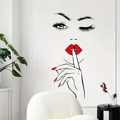 1 Sheet/2pcs Sexy Red Lip Girl Wall Sticker, Removable PVC Decal For Bedroom, Living Room, Vanity, Bathroom Decor