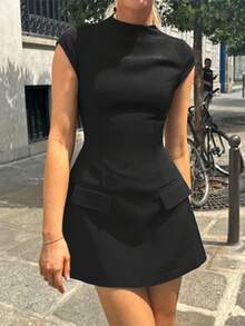 女士度假装，春夏女装连衣裙，纯色圆领短款收腰优雅连衣裙，黑色女装 - 黑色 - 查看 5