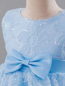 少女刺绣薄纱蛋糕裙，公主裙，适合婚礼花童、生日派对、走秀、钢琴演奏会、晚礼服 - 淺藍色 - 查看 7