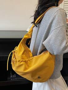 日式纯色尼龙单肩包，时尚褶皱蝴蝶结拉链斜挎包，适合上学/大学/休闲通勤的新月形可折叠手提包 - 彩色 - 查看 15