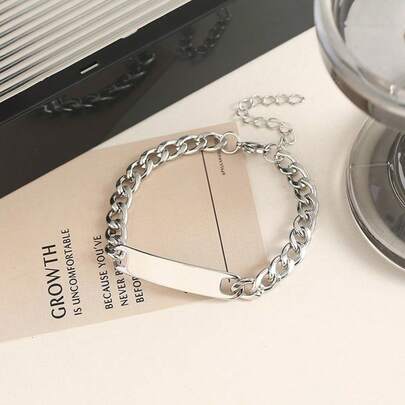 1pc Silver Chain Square Plate Bracelet, Minimalist Cool Style Chic Fashion Jewelry, Suitable For Party, Daily Wear (OPP Bag Packaging)