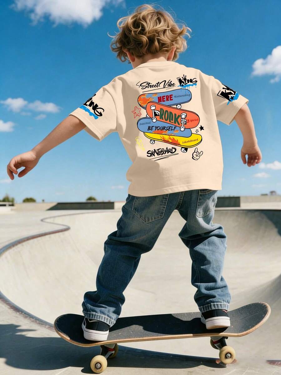 男童“KING”图案圆领T恤，街头滑板风格，夏季新品 - 杏色 - 查看 1