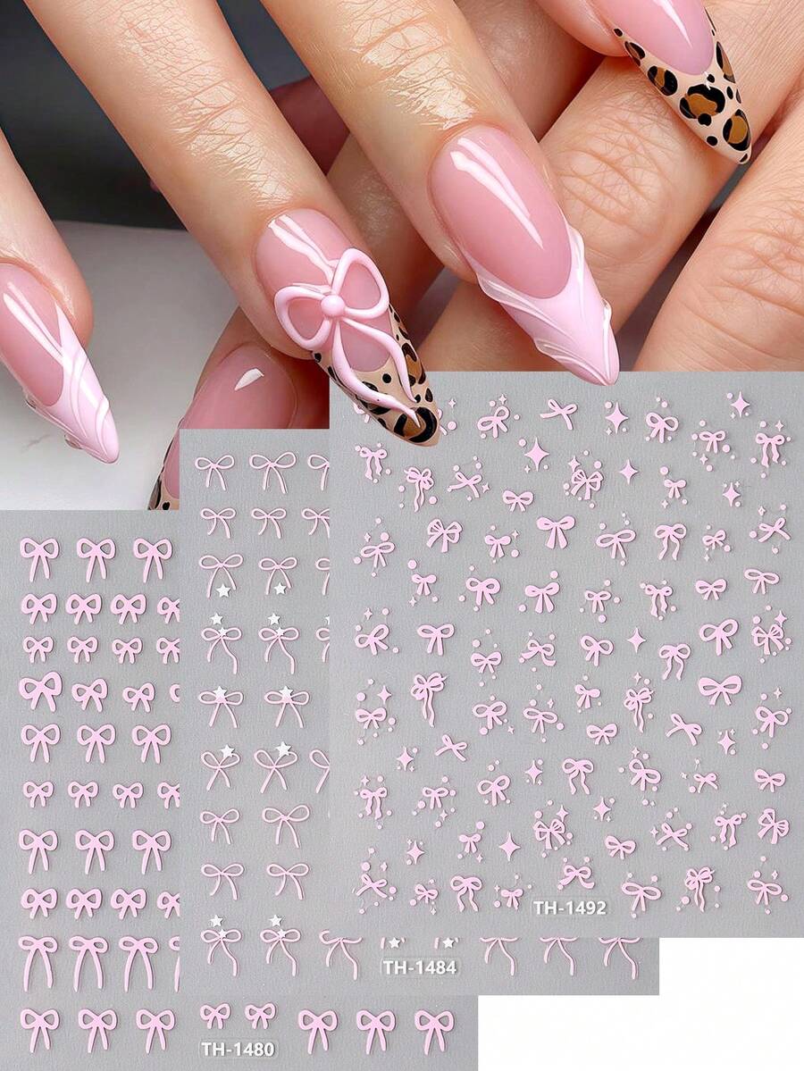 3件/套 情人节粉色蝴蝶结星星图案美甲贴纸，全息滑动美甲装饰，DIY美甲用品 - 彩色 - 查看 1