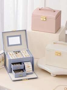 Large Capacity Multi-Layer PU Jewelry Box, Multi-Functional Vanity Desk Organizer Box, Suitable For Necklaces, Earrings, Rings, Bracelets, Watches, Lipsticks, Daily Cosmetics Storage, Travel Jewelry Case