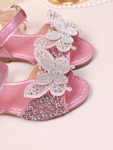 1双玫红色幼儿/小女孩平底凉鞋，柔软皮革，彩色水钻蝴蝶装饰，经典露趾设计，防滑软底，可调节鞋带，时尚公主凉鞋，适合3-12岁儿童，日常、假日、派对、2026春夏款 - 玫紅色 - 查看 6