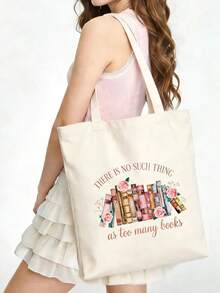 1/2pcs Set Large Capacity Beige Canvas Floral & Book Themed Printed Tote Bag And Zipper Storage Bag Set, Fashionable Floral & Book Themed Shoulder Bag, Shoulder Bag, Multifunctional Portable Travel Storage Makeup Set, Suitable For Back To School, Graduation, Travel, Birthday, Anniversary, Teacher's Day, Thank You Gifts, Essential For Students And Teachers, Great For Travel