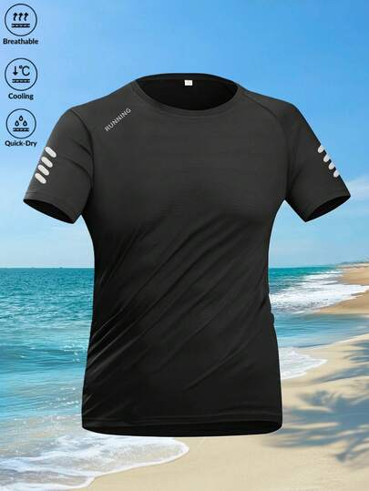 1pc Men's Summer T-Shirt, Breathable Moisture-Wicking Quick-Dry With Reflective Letter Print, Suitable For Outdoor Sports, Fitness, Running
