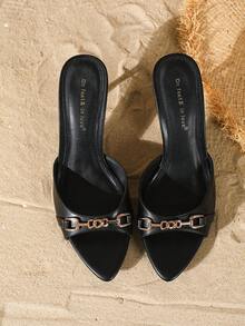 On feet& in love Dammode, eleganta, minimalistiska, mångsidiga, spetsig tå, metallkedja, öppen tå och stilettklackar, lämpliga för sommarklänningar - Svart - Visa 6