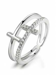 1 PC Glamorous Cross Cubic Zirconia Ring For Women For Wedding Engagement Anniversary Party Band Jewelry Valentine's Day Gift - Silver - View 2