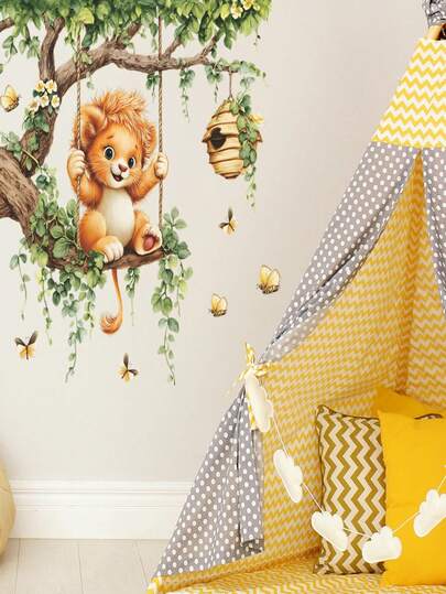 Cartoon Swinging Lion Wall Sticker, Fluffy Little Bird & Butterfly Decor, Self-Adhesive Removable Decals For Kids Room, Living Room