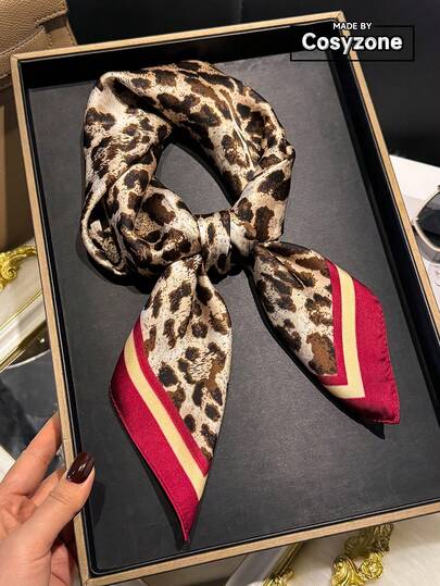 1pc Faux Silk Retro Chic Leopard Print 70cm Small Square Scarf, Women Fashion Versatile Headband, Waist Belt, Bag Decor, Neck Tie, Hair Accessory, Suitable For Daily Wear