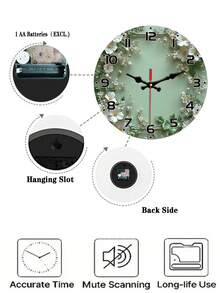 10/12 Inch Silent Wall Clock, Wreath Design - Light Green Wood Grain, White Flowers And Green Leaves - Elegant European Round Wall Clock, Suitable For Living Room Or Study - Batteries Not Included - Multicolor - View 5