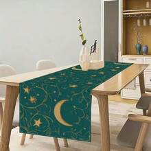 One Piece Set Of Ramadan Themed Table Runner, Featuring A Simple Ramadan Pattern Design - Green As The Main Color, Gold Crescent And Lantern Patterns, With Fresh Green Leaves And Floral Decorations. Polyester Rectangular Tablecloth, Suitable For Kitchens, Restaurants, Parties, And Homes, As Well As Rural Holiday Decorations. Available In Various Sizes, It Is An Ideal Choice As A Gift. - Multicolor - View 8