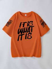 大尺碼女款 T 恤，印有「IT IS WHAT IT IS」字樣，適合春夏穿著，適合日常穿著 - 橘色 - 查看 2