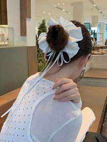 1/2个芭蕾舞风格白色缎面蝴蝶结长飘带发圈，适合派对和约会佩戴，发绳，发饰，发圈，发带，马尾辫头饰，弹性发圈 - 彩色 - 查看 6